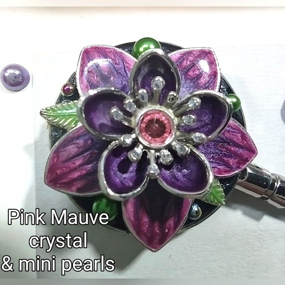 Purse Hook Handbag Holder Crystal Flower Design Choice of Center Stone - Picture 8 of 16